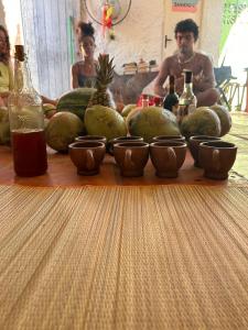 a group of people sitting around a table with bottles of alcohol at Hostel Flor da Vida in Canoa Quebrada +17 photos