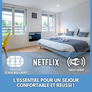 a bedroom with a king sized bed and windows at Le Louvre Lens - Premium - Wifi - Balcon & Parking in Lens
