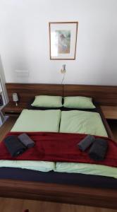 a bed with two pillows on top of it at Gemütliches Apartment - Kanzelhöhe - Gerlitzen in Treffen