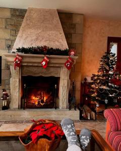 a living room with a fireplace with a christmas tree at Villa ArtegoikoaUrdaibai patrimonio de la UNESCO in Ibarrangelu +37 photos