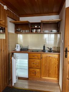 a small kitchen with wooden cabinets and a sink at ,, U Nikoli" in Bukowina Tatrzańska