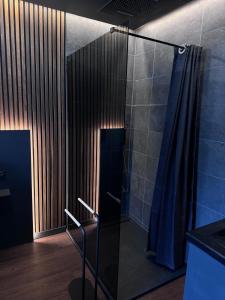 a bathroom with a shower with a blue shower curtain at Osmose Dijon in Dijon +6 photos