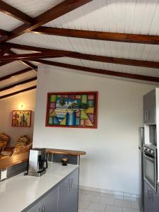 a kitchen with a counter and a painting on the wall at KAZ'AN NOU Location de vacance avec vue imprenable in Bouillante +8 photos