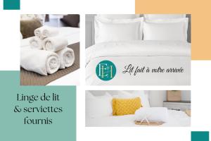 eine Collage aus Bildern eines Bettes mit Handtüchern in der Unterkunft Maison Les Rives de la Tour Aigues-Mortes - Proche des remparts - Idéalement situé in Aigues-Mortes + 18 Fotos