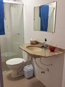 a bathroom with a sink and a toilet and a mirror at Apartamento novo entre a praia dos Ingleses e Santinho in Florianópolis +11 photos