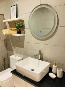 a bathroom with a sink and a mirror and a toilet at Oceana Residence 2 in Mont Choisy +14 photos