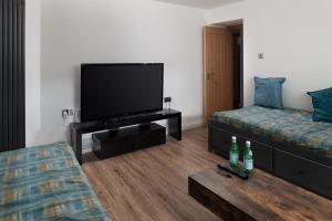 a living room with a flat screen tv and a couch at Eryri Snowdonia Premier Family Retreat with Hot Tub and Fire Pit in Dolgellau