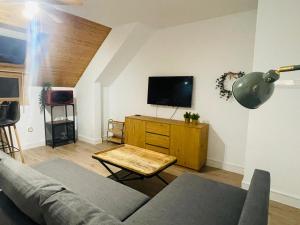 a living room with a couch and a flat screen tv at Apartamento Pico Aspe in Jaca
