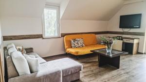 a living room with a couch and a tv at Apát Panzió és Hajdina Étterem in Apátistvánfalva