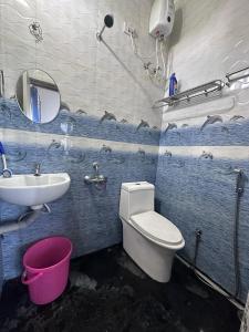 a bathroom with a toilet and a sink and a mirror at Sandy 4 Bhk Homestay - Only Adults Allowed in Ooty