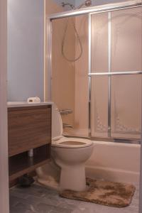a bathroom with a toilet and a shower and a sink at Bustamante Ranch - Sovereign Lodge in McDonough +19 photos