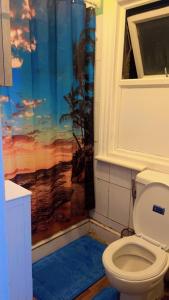 un bagno con un water e una tenda da doccia di Ruby Rooms a Slough