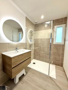 a bathroom with a sink and a shower and a mirror at Maison à 100m de la mer in Hermanville-sur-Mer