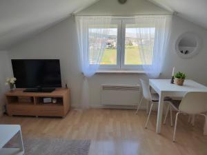a living room with a table and a tv and a window at Apartman Panorama in Tomislavgrad