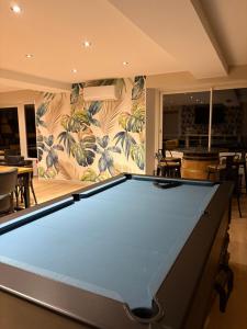 a pool table in a living room with a wallpaper at La Cheminée - Chambres Gîtes Appartements et Mobile Homes avec Bar-Restaurant in Tardets-Sorholus