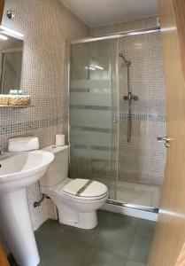 ein Badezimmer mit Toilette, Waschbecken und Dusche in der Unterkunft HOUSE TUVESA PREMIUM 1 DORMITORIO WIFI GRATiS in Sierra Nevada + 32 Fotos