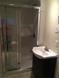 a bathroom with a shower and a sink at Victoria Harbour Cottages in Victoria Harbour