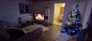 a living room with a christmas tree and a tv at River house Golac in Gospić
