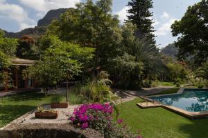 a garden with a swimming pool and some flowers at Casa Chavela in Tepoztlán