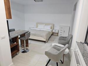 a bedroom with a bed and a desk and chairs at visitor's house 1 in Rădăuţi