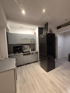 a kitchen with a black refrigerator in a room at Szczecin Centrum in Szczecin