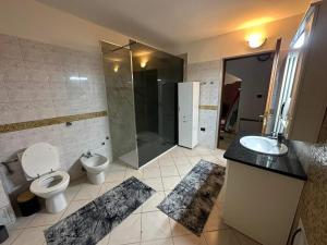 a bathroom with a toilet and a sink and a shower at Alex House in Borsa +9 photos