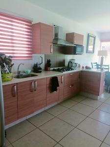 a kitchen with wooden cabinets and a sink at Riberas del Chante, casa de descanso in Jocotepec
