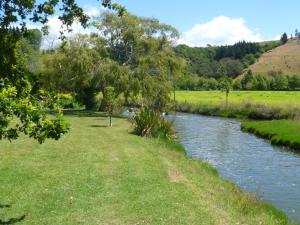 a river with trees and grass next to a field at At Parkland Place B&B in Whitianga