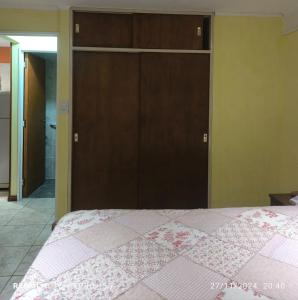 ビージャ・ヒアルディノにあるCasa de huéspedes con pileta.のベッドルーム1室(ベッド1台、茶色のクローゼット付)