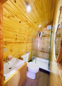 a bathroom with a toilet and a shower and a sink at Ruby Homestay Cần Giờ in Ấp Long An