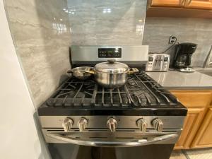 a stove with two pots on top of it in a kitchen at Rayhaan Palace in Long Island City