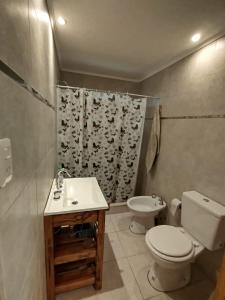 a bathroom with a toilet and a sink and a shower at Casa en Chapadmalal con Piscina in Mar del Plata +19 photos