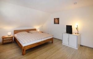 a bedroom with a bed and a flat screen tv at Am Darßwald Haus 2 1 in Prerow
