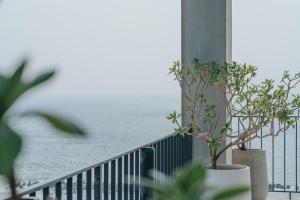 two potted plants on a balcony overlooking the ocean at 緩慢大鵬灣 in Donggang