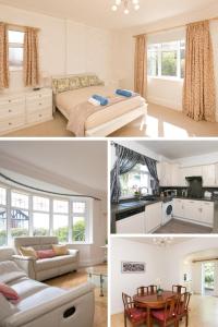 two pictures of a bedroom and a living room at The Cottage on the Beach - Sleeps 7 - Large Garden in Penrhyn Bay