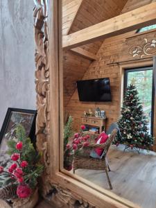 a living room with a christmas tree and a mirror at Szałas "Jodłowe Izby" in Białka Tatrzanska