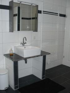 uma casa de banho com um lavatório branco e um WC. em FeWo am Mu-Cafe em Emmerich