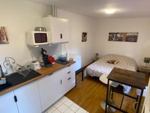 a small room with a kitchen and a bed at La dépendance in Maisse