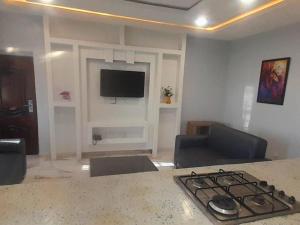 uma sala de estar com um fogão e uma televisão em The Bohemian Lounge and hotel em Lekki