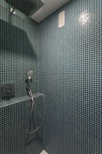 ein Badezimmer mit einer grünen Wand mit Fliesen und einer Dusche in der Unterkunft La Studette - A 100 mètres de la plage in Pléneuf-Val-André