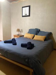 a bedroom with a large bed with blue sheets at Ville 6p House Garden Calme Vue Montagne in Viry
