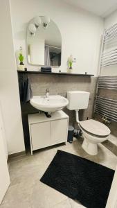 un bagno con lavandino, WC e specchio di Apartment in Erftstadt , Phantasialand Brühl bei Cologne, Zentral, Bahnhof nah a Erftstadt Altre 13 foto
