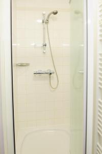 a shower with a glass door in a bathroom at Apartment Park 16 in Rogaška Slatina