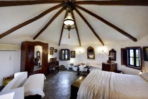 a room with a bed and a ceiling fan at Anastasia's windmill and Anastasia's studio in Plaka Milou