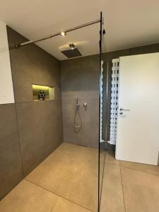 a bathroom with a shower with a glass door at Apartment Ihm in Memmingen +34 photos