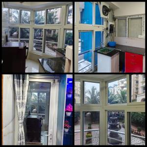 un collage de quatre photos d'une cuisine et d'une pièce dans l'établissement Sagar Royale, à Purî