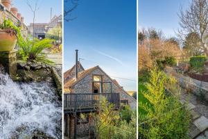 three different views of a house and a waterfall at Mill End by Big Skies Cottages in Weybourne
