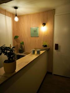 a restaurant with a counter with a potted plant on it at Clementenia - Maison d'hôtes in Arnéguy