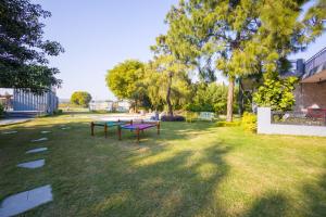 two ping pong tables in a yard with trees at ELIVAAS Hidden Oasis 4BHK with Pool, Mud House & Container House in Dhauj