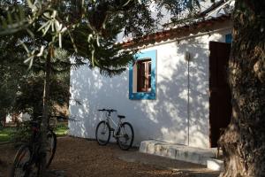 een fiets geparkeerd voor een wit huis bij Montadinho Houses in São Bartolomeu da Serra